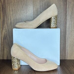 Kate Spade Nude Suede Glitter Heel Pumps 7M Statement Party Shoes